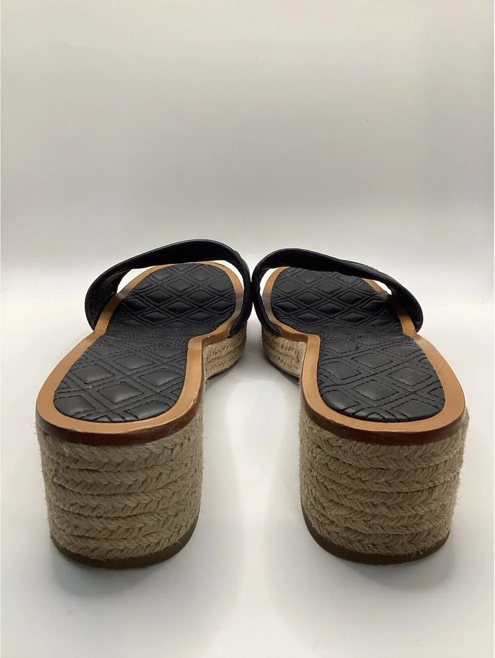 TORY BURCH Quilted Fleming Woven Wedge Espadrille Sandal Size 8.5 Black Leather